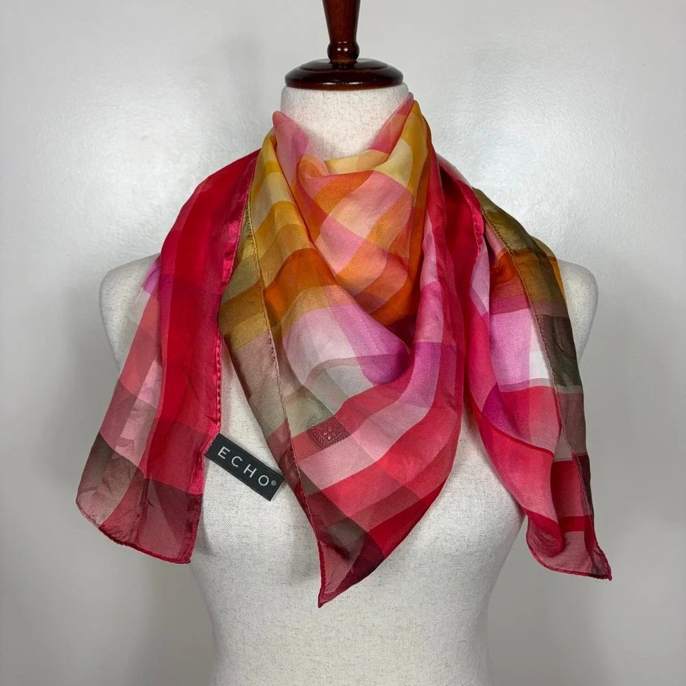 Echo Silk Square Scarf Plaid Checkered Coquette Preppy